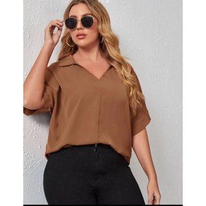 Shein emery rose plus size solid brown v-neck blouse- size 1XL